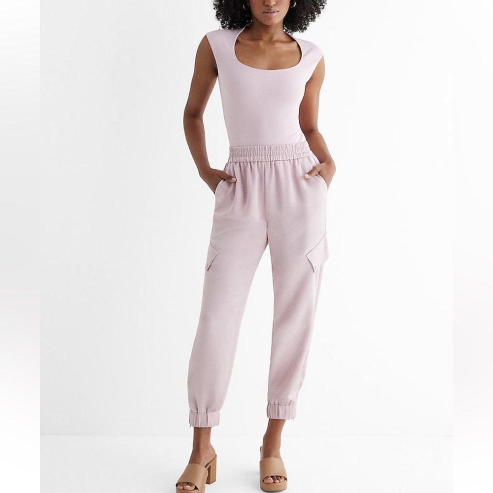 NWT Express High Waisted Satin Cargo Joggers Soft Blush Size Small